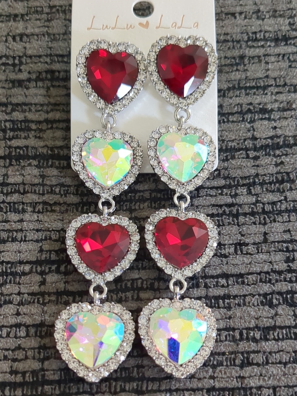 Crystal Quad Heart Drop Earrings Red Aurora Borealis Rhinestone Halo Silver